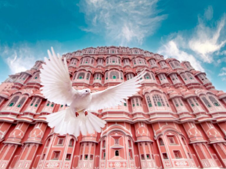 The pink sandstone façade of Hawa Mahal, the Palace of Winds, in Jaipur