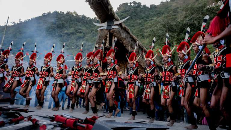 Naga dancers in traditional dress at the Hornbill Festival, Nagaland